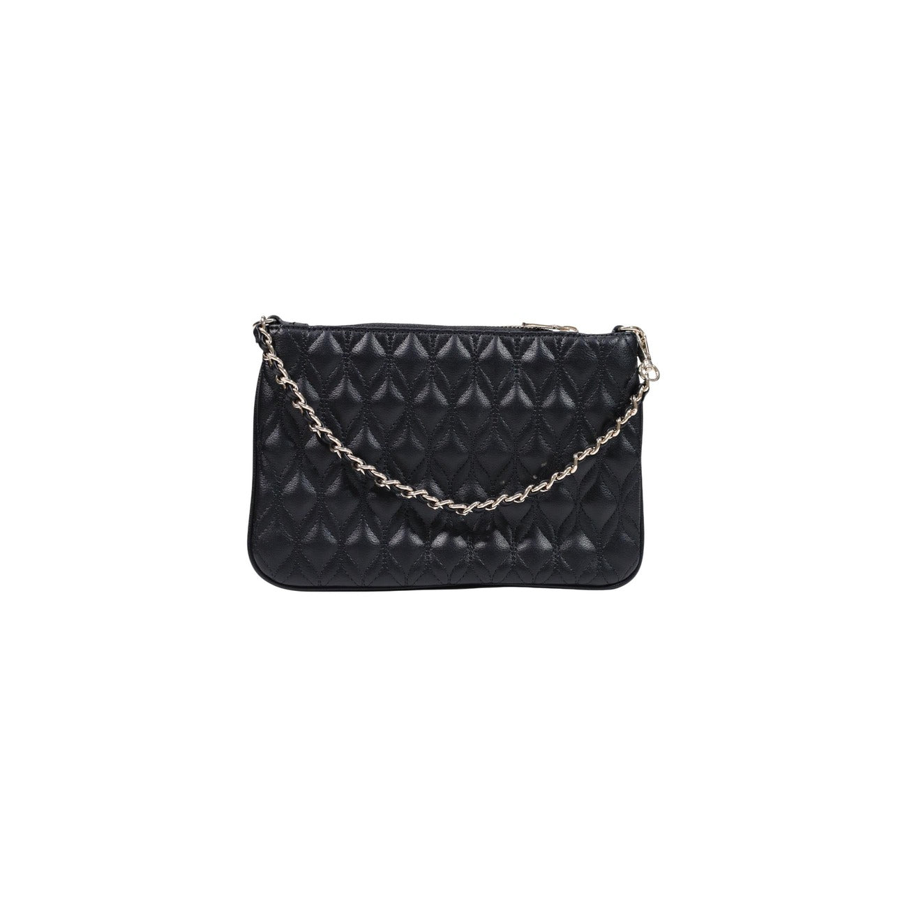 Pochette Guess nera trapuntata Maxine Quilted Flat PW7577 P6322. Borsa a mano e a spalla da donna nera matelassé in ecopelle con tracolla in metallo intrecciato, logo Guess e chiusura zip, borsa da sera elegante 4 stagioni.