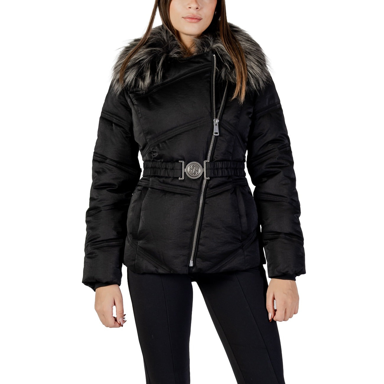 Guess Giubbotto Donna Nero Cerniera Manica Lunga Scollo Tondo Tasche Autunno Inverno W5BL32 WG092