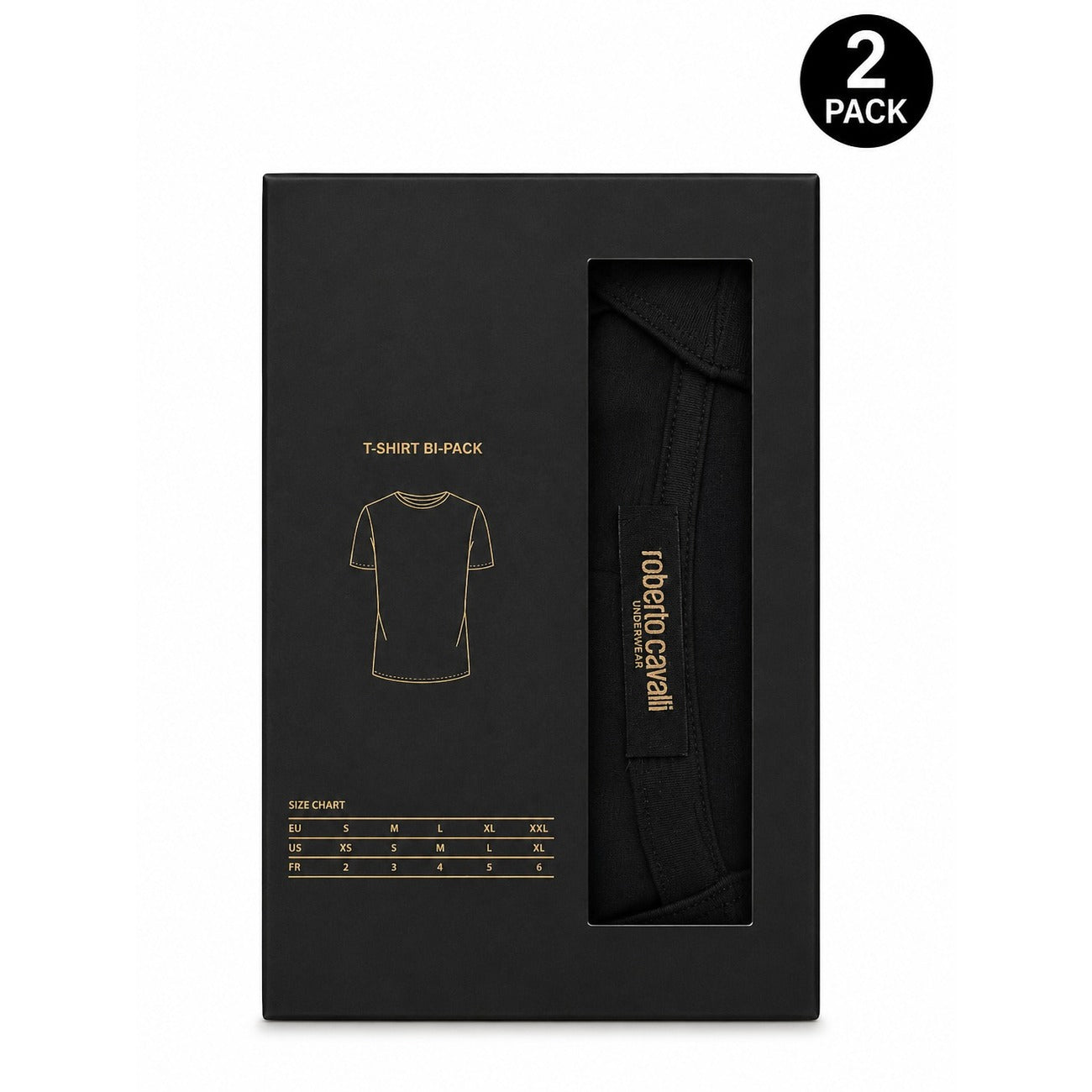 Pack T-shirt Intime Nere Uomo Roberto Cavalli; Tessuto 95% cotone e 5% elastan. Taglio stretch anatomico, scollo girocollo e maniche corte. Logo sul petto e monogramma RC sulla manica, stile luxury continuativo. Vista confezione 