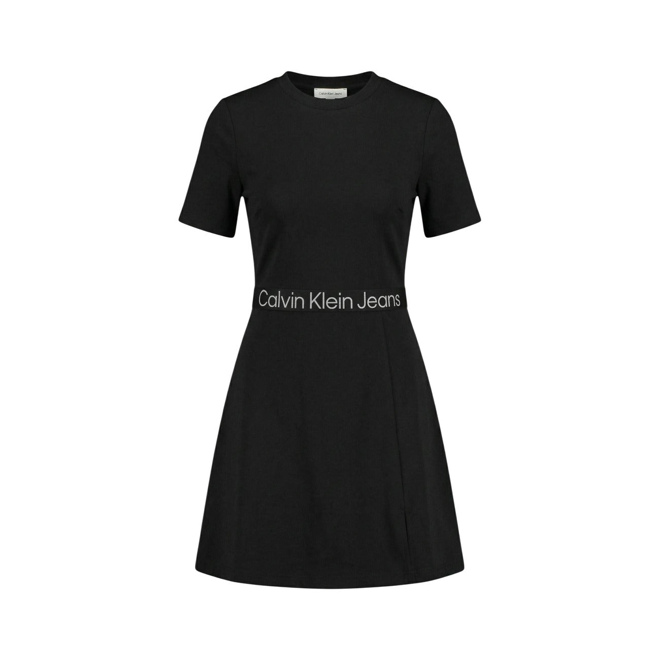 Calvin Klein Jeans Abito nero corto Donna. Realizzato con 66% viscosa, 30% nylon, 4% elastam/lycra. Scollo tondo e arricchita dal logo Calvin Klein Jeans posizionato in modo discreto sul punto vita. Vista frontale Stesa
