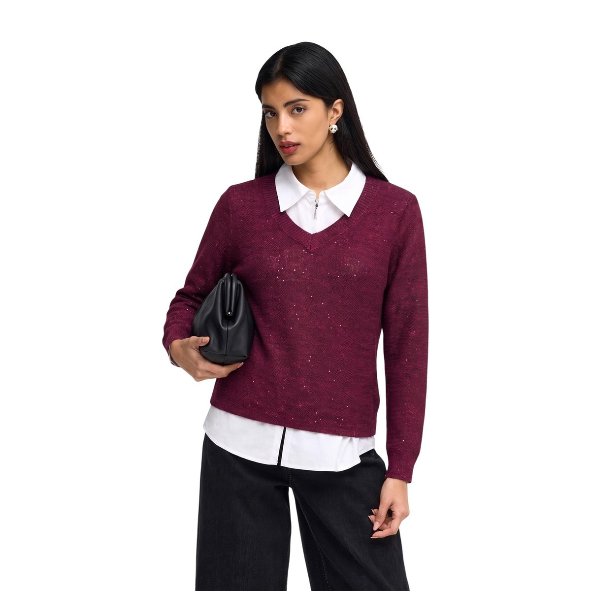 Pullover maglia donna Jacqueline De Yong – Maglione scollo a V con paillettes JDYMIA 15379783.