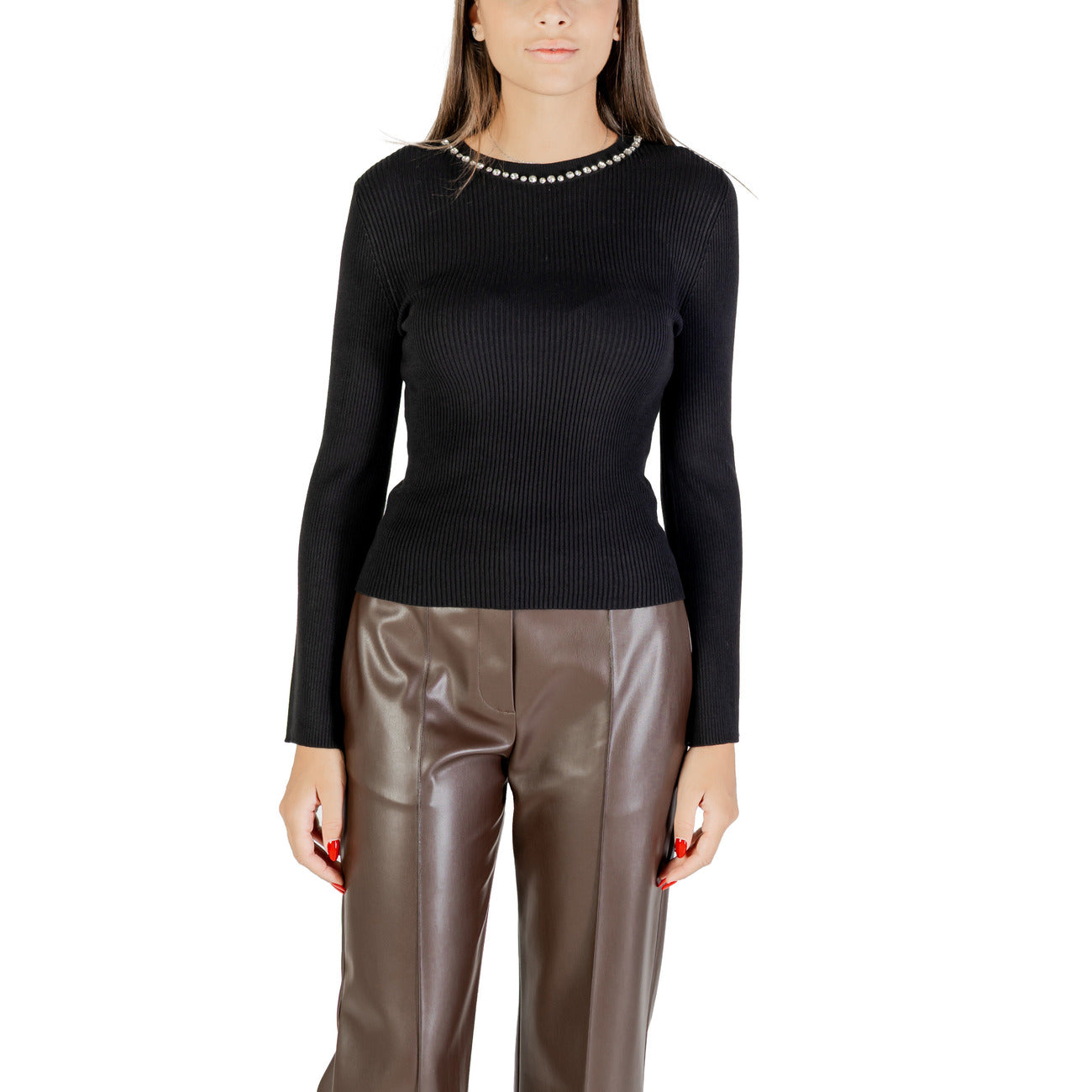 Only Maglia Donna Nera con Strass Maniche Lunghe Scollo Tondo - Maglia Viscosa Nylon