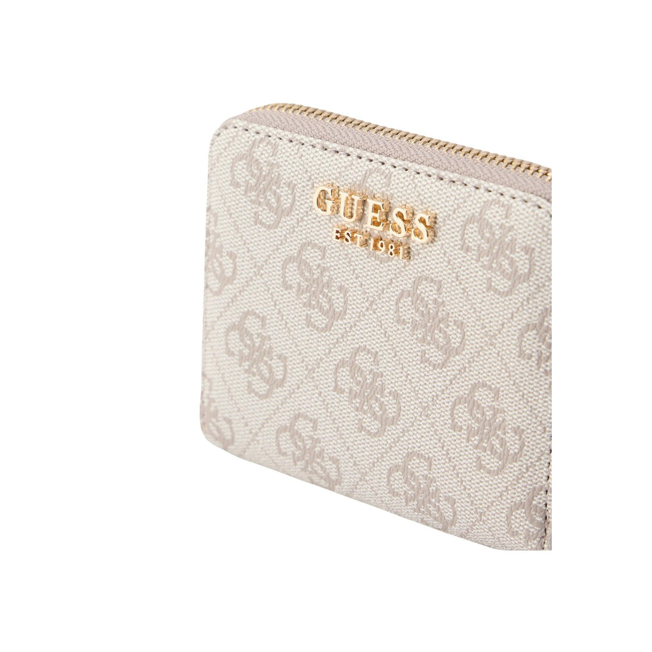 Portafoglio Guess Laurel II Small; 100% Poliuretano. Chiusura zip around, stampa monogramma, logo metallico. Portafoglio donna piccolo, compatto e sicuro. Dettaglio logo 