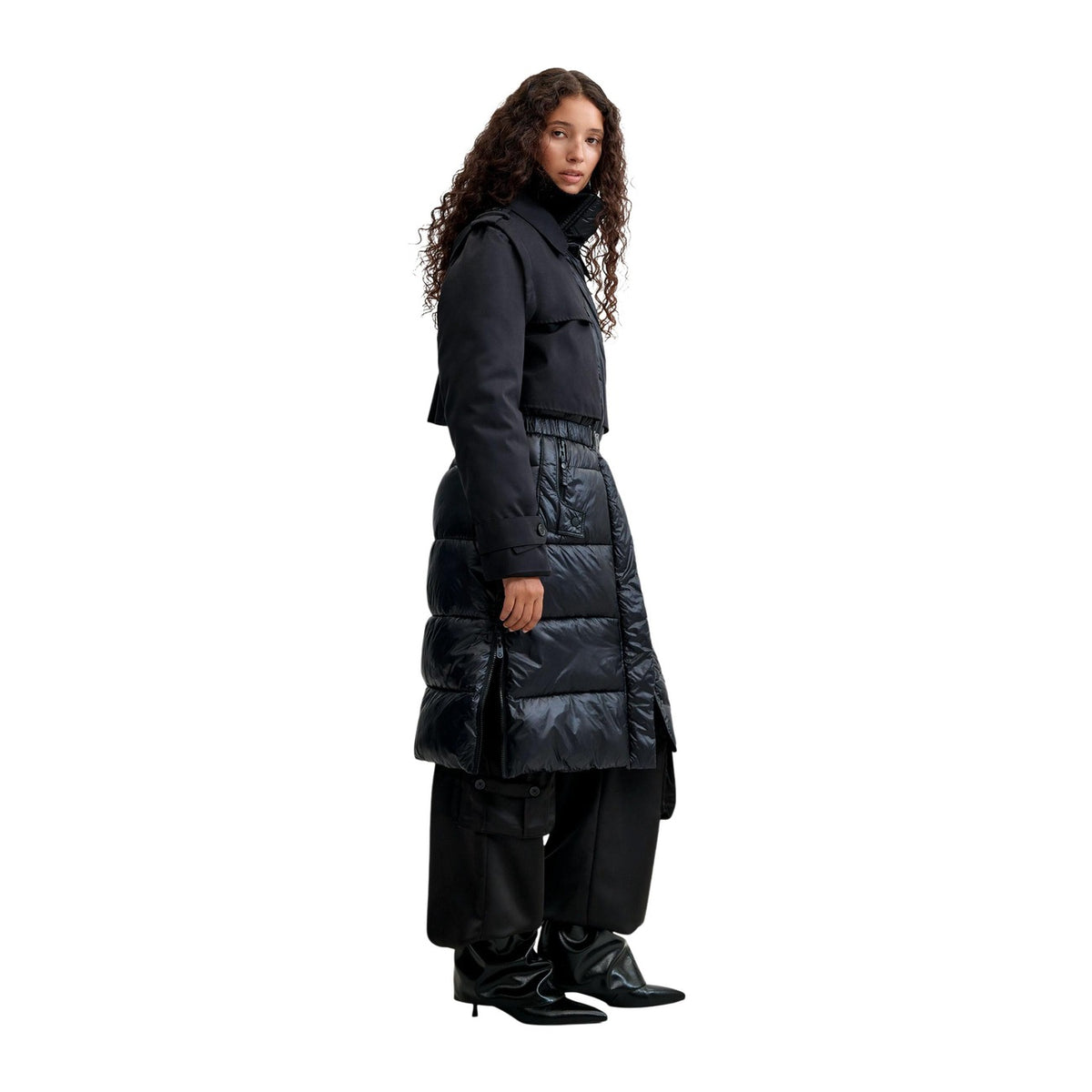 Piumino lungo nero donna Desigual – Cappotto lucido staccabile con cintura 26WWEW352000.
