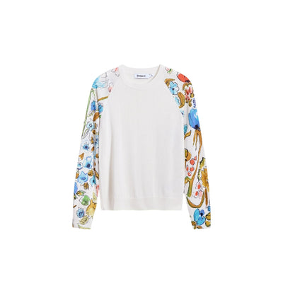 Desigual Maglia Donna Bianca Colorata Maniche Lunghe Scollo Tondo - Maglia Viscosa Poliammide Lino