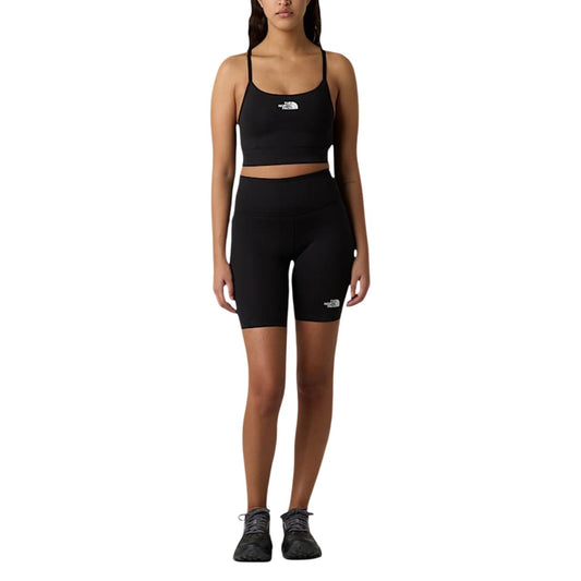 Pantaloncini The North Face donna neri aderenti sportivi vita alta 88% poliestere 12% elastan - vista frontale indossata da modello figura intera