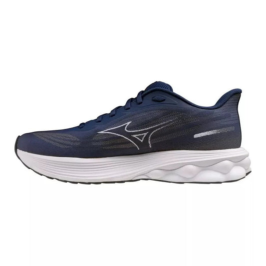Scarpe Running Mizuno Cushioning; Scarpa tecnica iper-ammortizzata con intersuola in schiuma Enerzy Nxt con azoto e piastra Wave sul tallone. Ampia suola stabile, calzata morbida e gomma X10. Vista laterale 