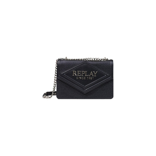 Borsa tracolla Replay nera logo metallo FW01CL.000.A7243S. Borsa piccolamedia da donna nera in ecopelle martellata e liscia con logo 3D in rilievo, tracolla catena dorata o argentata regolabile e chiusura cerniera, borsa elegante da sera e tempo libero 4 stagioni.