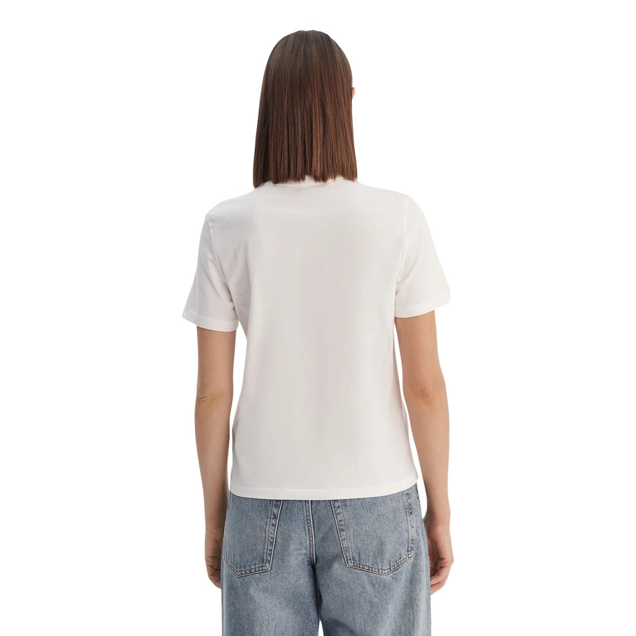 T-shirt Calvin Klein Jeans Donna Bianca; 100% Cotone. Logo CK frontale, maniche corte, vestibilità regular. Capo versatile per tutte le stagioni, stile casual-chic traspirante. Vista posteriore 