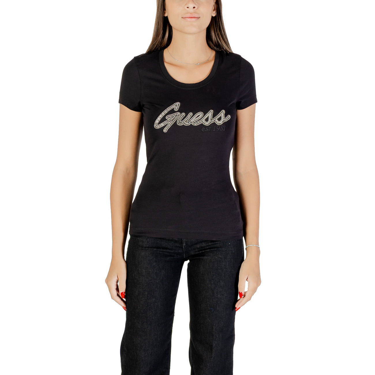 Guess T-Shirt Donna Bianca Strass Stampa Manica Corta Scollo Tondo 95% Cotone 5% Elastan Primavera/Estate W5YI16 J1314