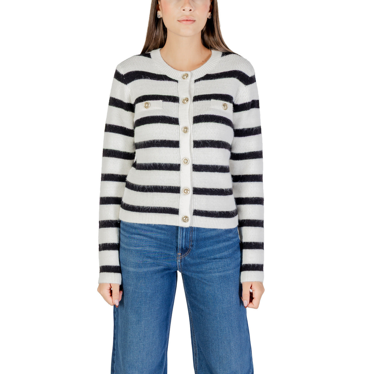 Morgan De Toi Maglioncino Donna Bianco a Righe in 40% Acrilico 30% Poliammide 30% Poliestere con Bottoni Manica Lunga 491655
