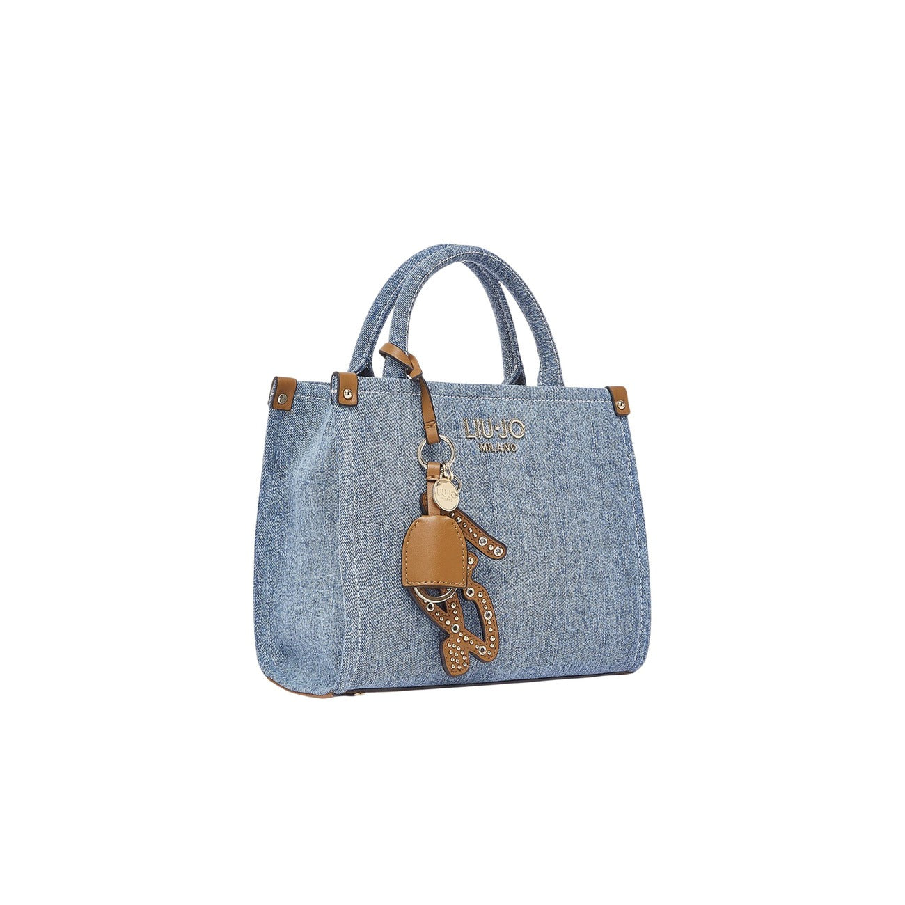 Borsa Liu Jo Denim Azzurro; 100% Cotone. Chiusura con zip, scomparto centrale, charms removibili e tracolla inclusa. Dimensioni 25x21x11 cm. Zainetto a mano piccolo, stile Primavera/Estate.
