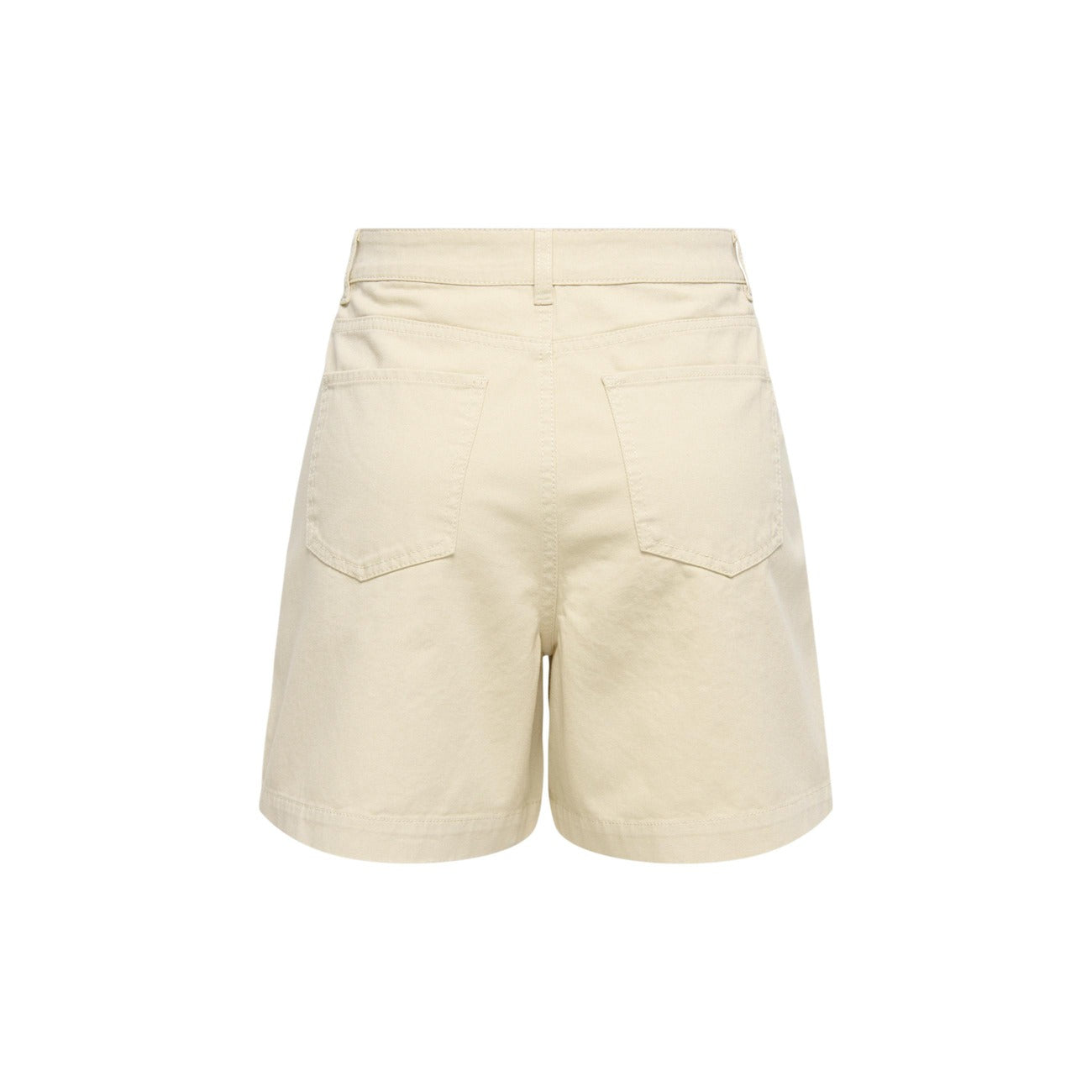Shorts JDY Jdyemma HW; 100% Cotone (20% Riciclato). Vita alta, pinces frontali, gamba larga. Pantaloncini donna eleganti, freschi e sostenibili. Colore beige. Vista posteriore stesa