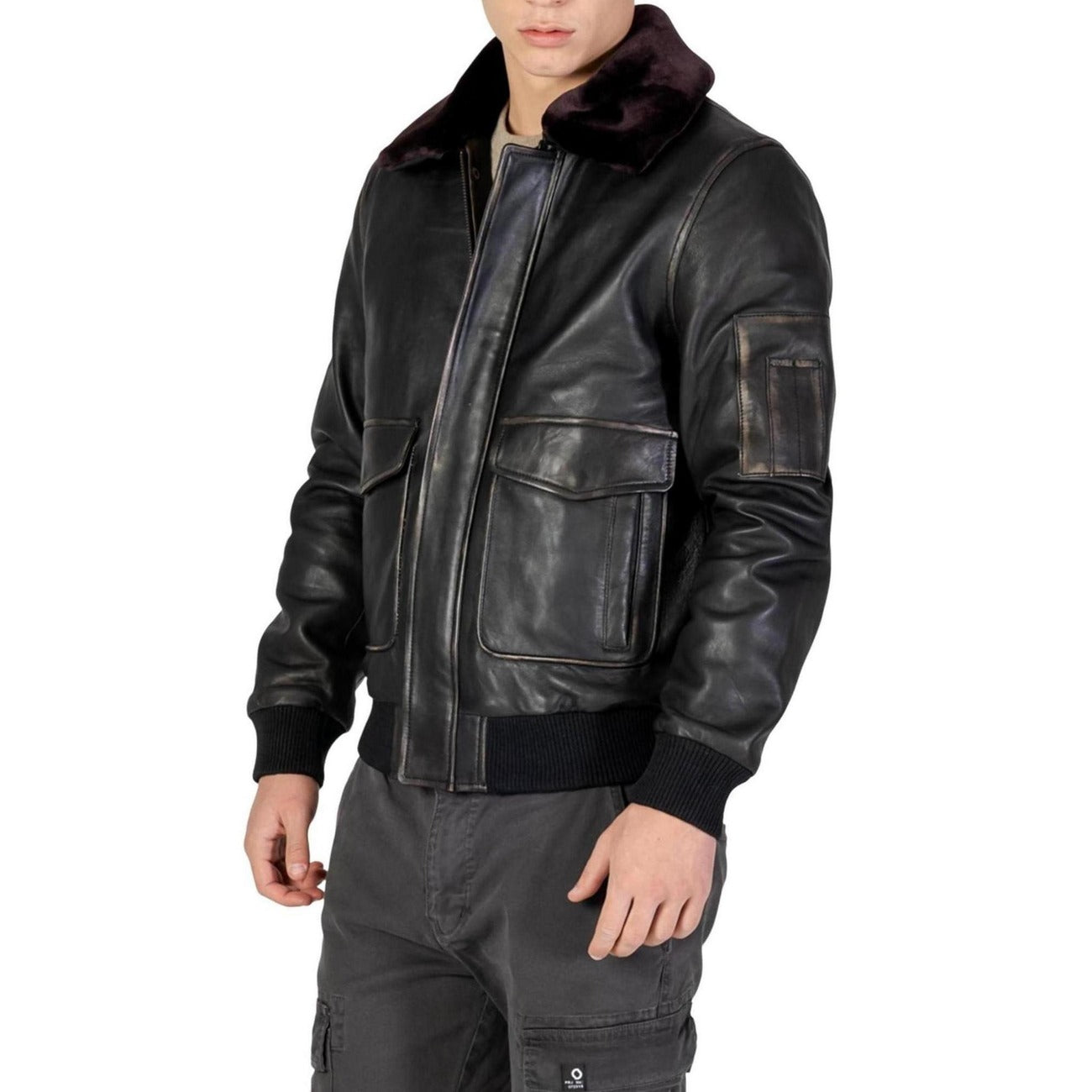 Yos Giacca Uomo Marrone Cerniera Manica Lunga Scollo Tondo Colletto Classico Tasche Pelle 100% Autunno Inverno LGI5GB010576U