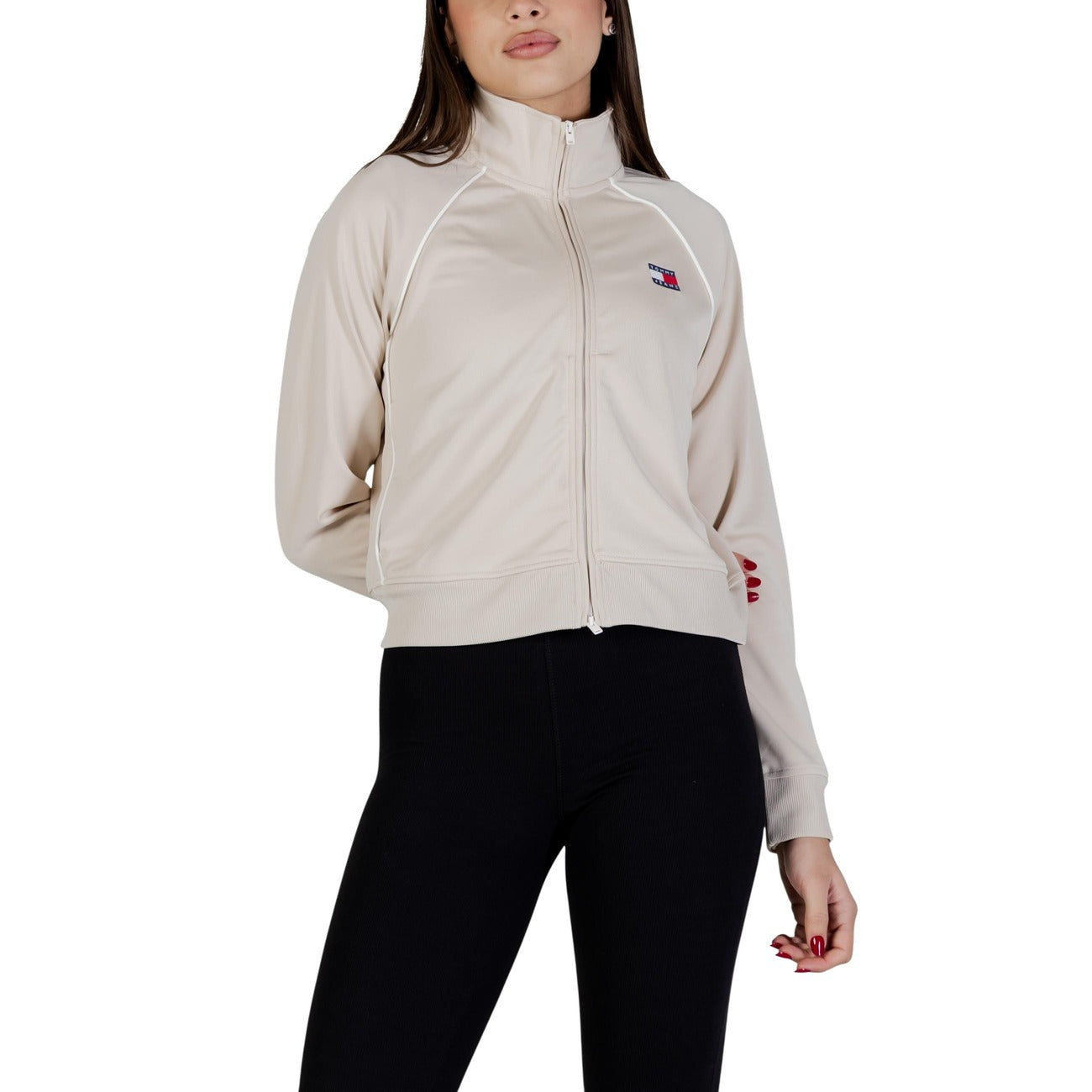 Felpa Tommy Hilfiger Jeans donna beige con zip cappuccio tasche 60% cotone 40% poliestere - vista frontale indossata da modello figura intera