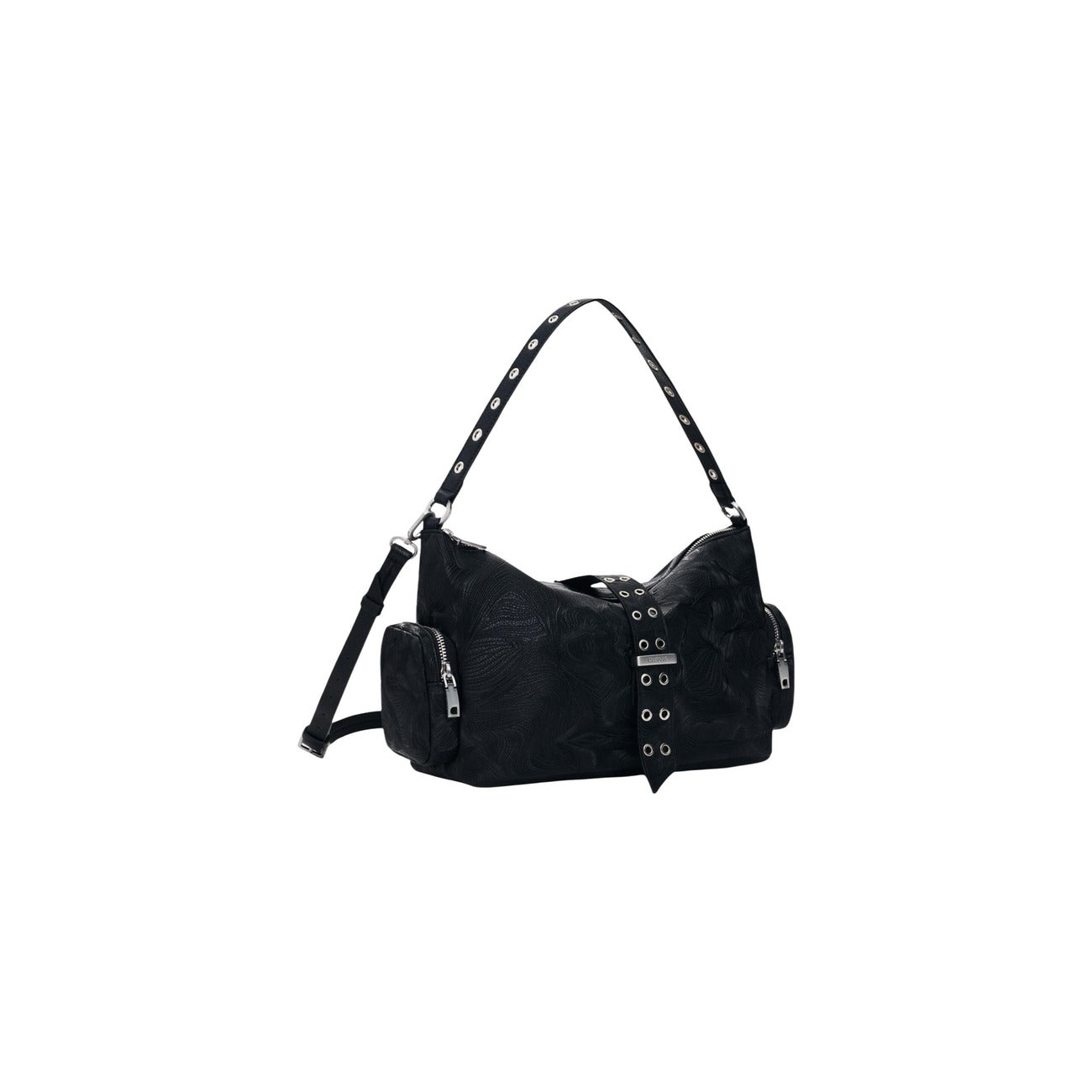 Borsa media con dettagli traforati, tracolla e occhielli decorativi e tasche con cerniera alle estremità. Vista frontale laterale 