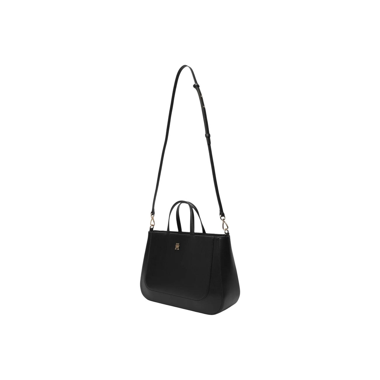 Borsa Tommy Hilfiger TH Glam Satchel; 100% Poliuretano liscio. Logo metallico, doppio manico e tracolla rimovibile. Borsa grande strutturata, ideale per ufficio e look formali. Colore nero vista frontale Con tracolla 