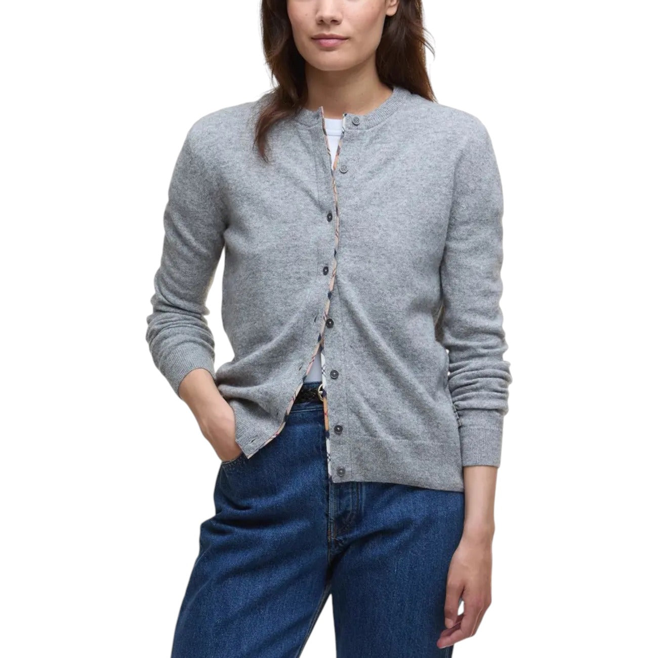 Barbour Cardigan Donna Grigio con Bottoni Maniche Lunghe - Cardigan Lana Cotone Scollo Tondo