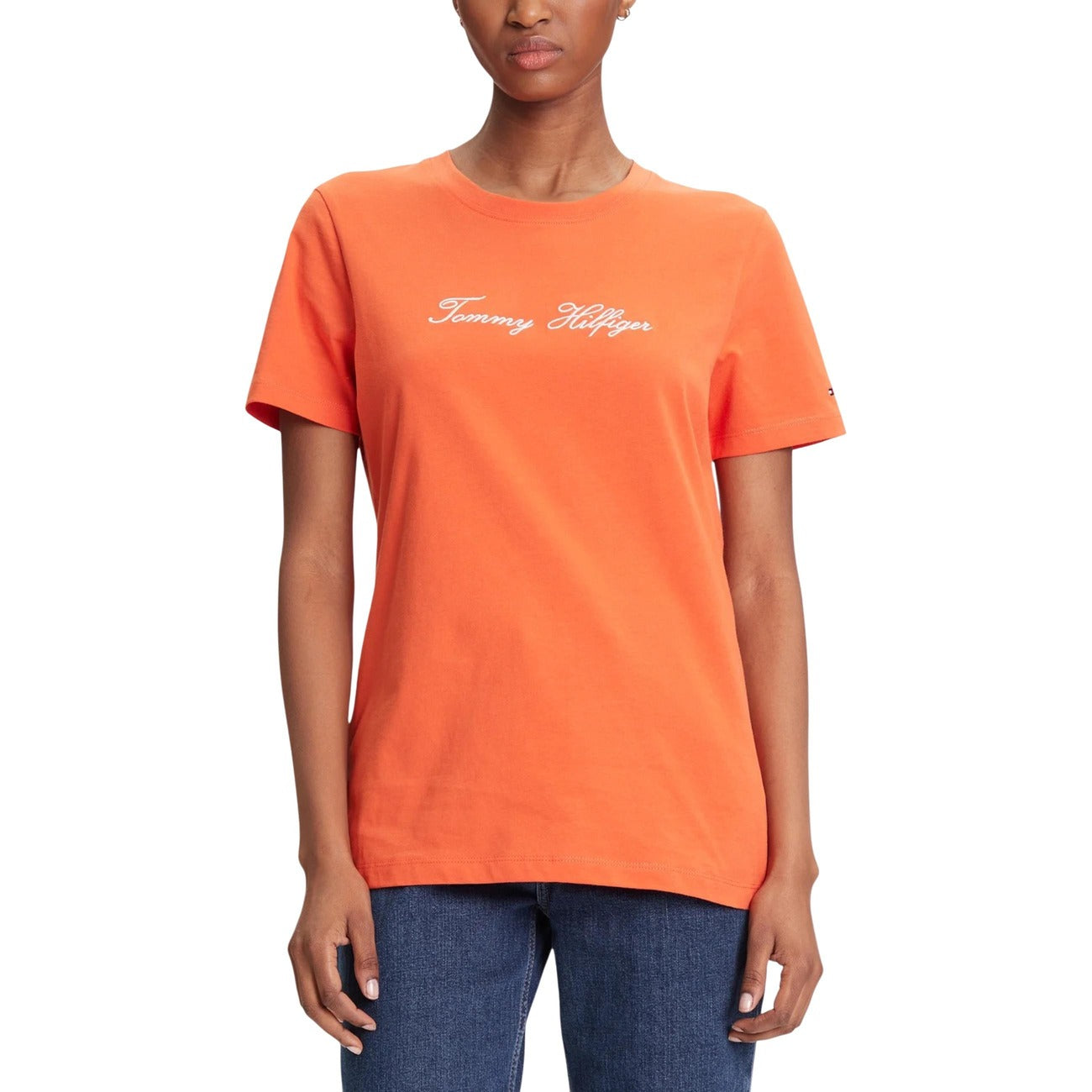 Tommy Hilfiger T-Shirt Donna Arancione Manica Corta Scollo Tondo Cotone Organico 100% WW0WW45746
