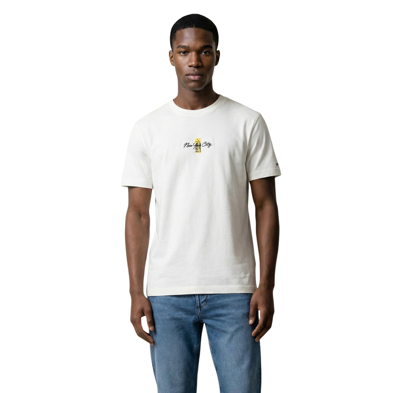 Tommy Hilfiger Jeans T-Shirt bianca con stampa SIGN BLOCK TEE maniche corte Uomo Vista frontale 