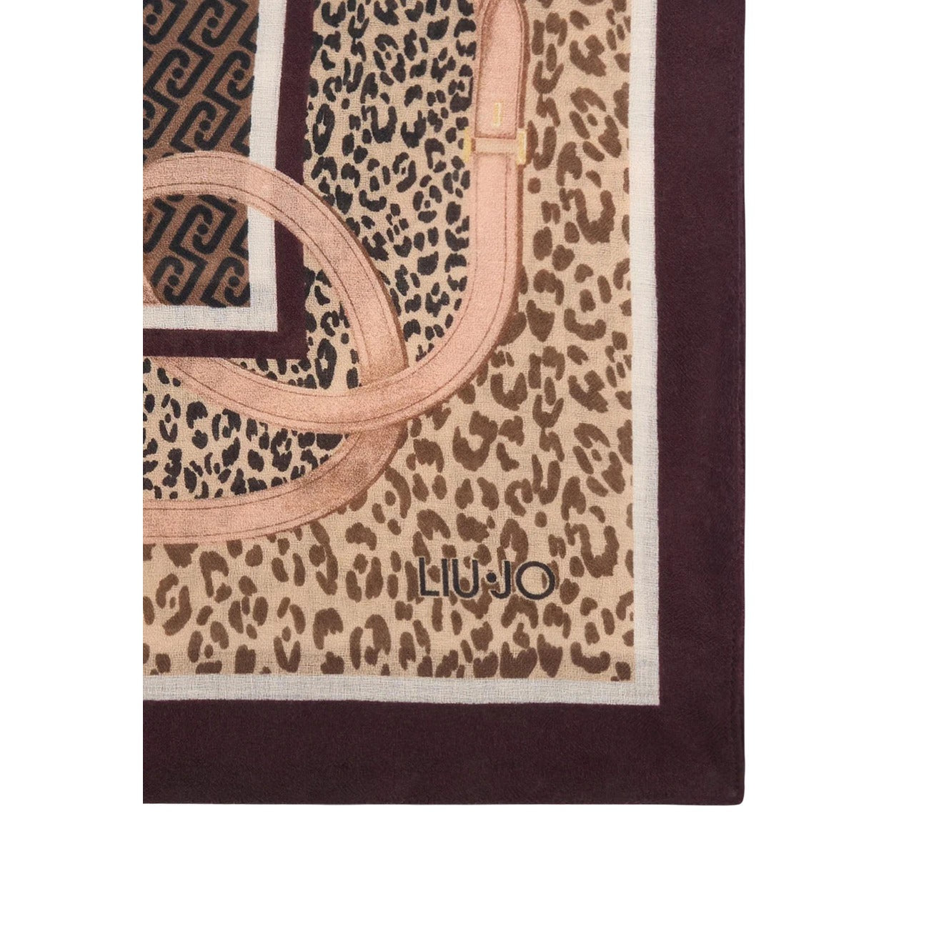 Sciarpa Liu Jo donna viola fantasia 2F6063 T2745. Stola mezza stagione in tessuto leggero e morbido con motivi geometrici, dettagli pitonati e monogramma Liu Jo, accessori donna.