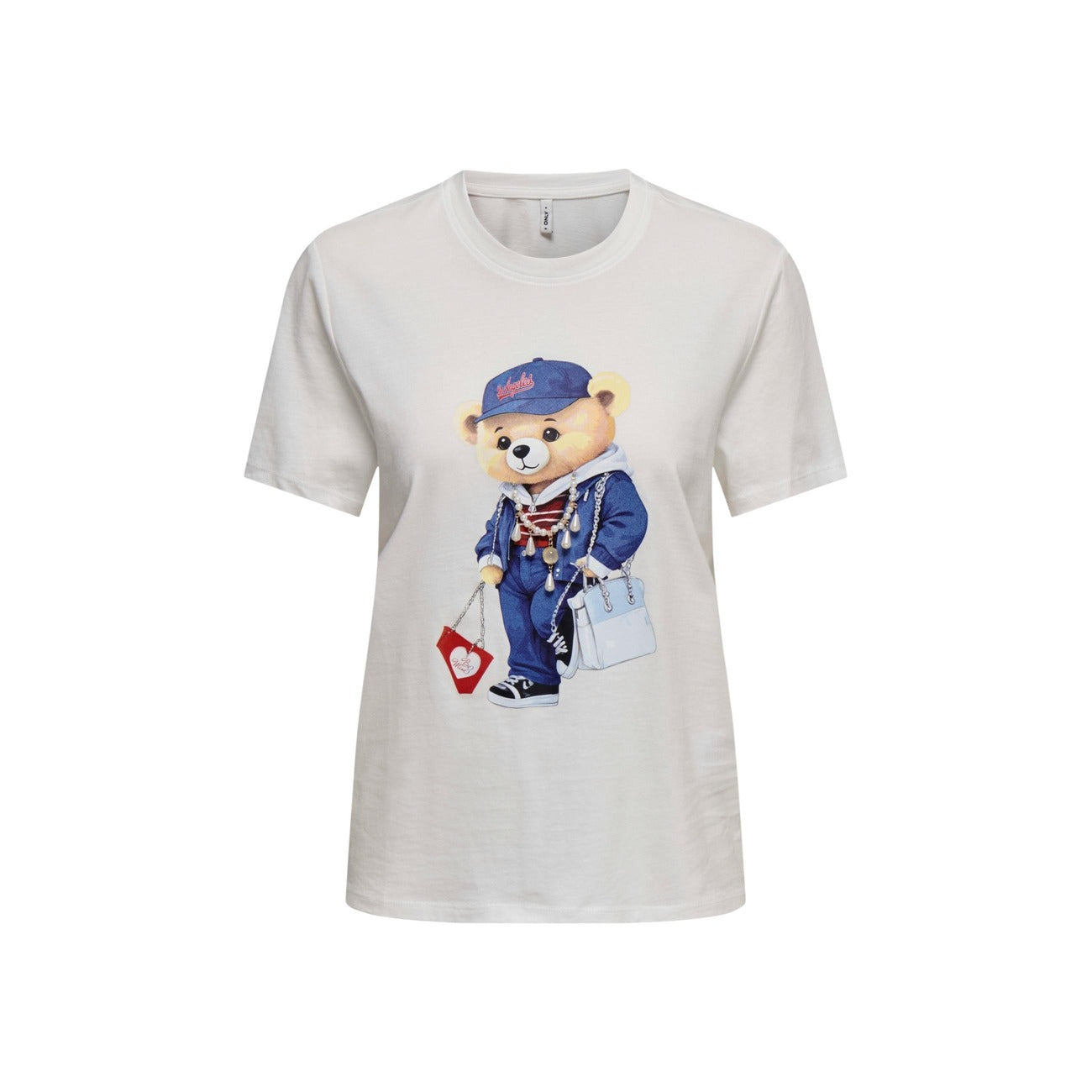 T-shirt panna Only Onlmaeve con stampa orsetto e scritta New York, realizzata in 100% cotone organico, vestibilità regular fit.