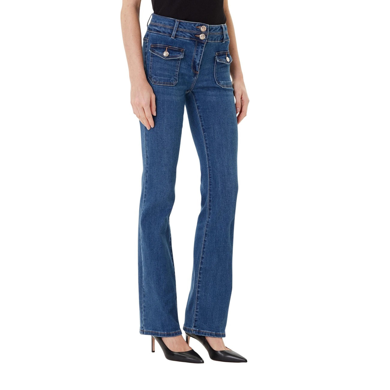 Jeans Morgan De Toi donna blu chiusura con zip e bottone tasche anteriori e posteriori 71% cotone 25% poliestere 3% viscosa 1% elastan - vista frontale indossata da modello figura intera
