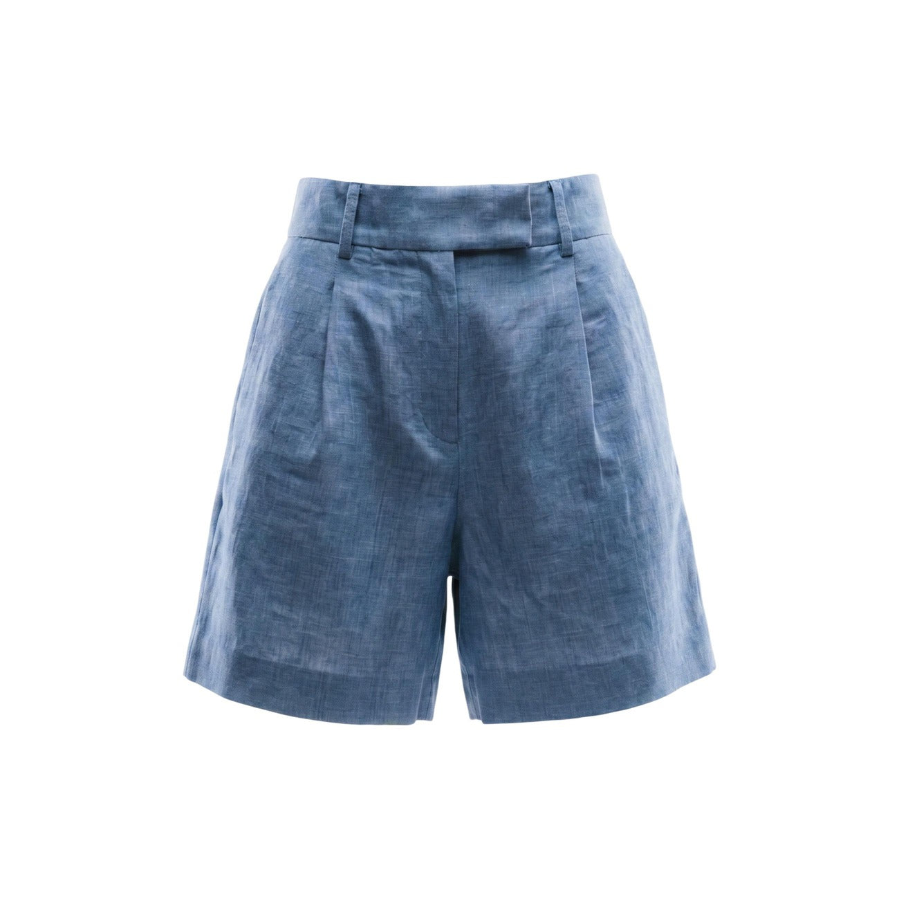 Only Onllinda Bermuda Sartoriali; Azzurro Melange. 50% Poliestere Riciclato, 3% Elastam. Vita alta, pieghe frontali, chiusura con gancio e zip. Stile elegante e leggero per la stagione estiva. Vista stesa 