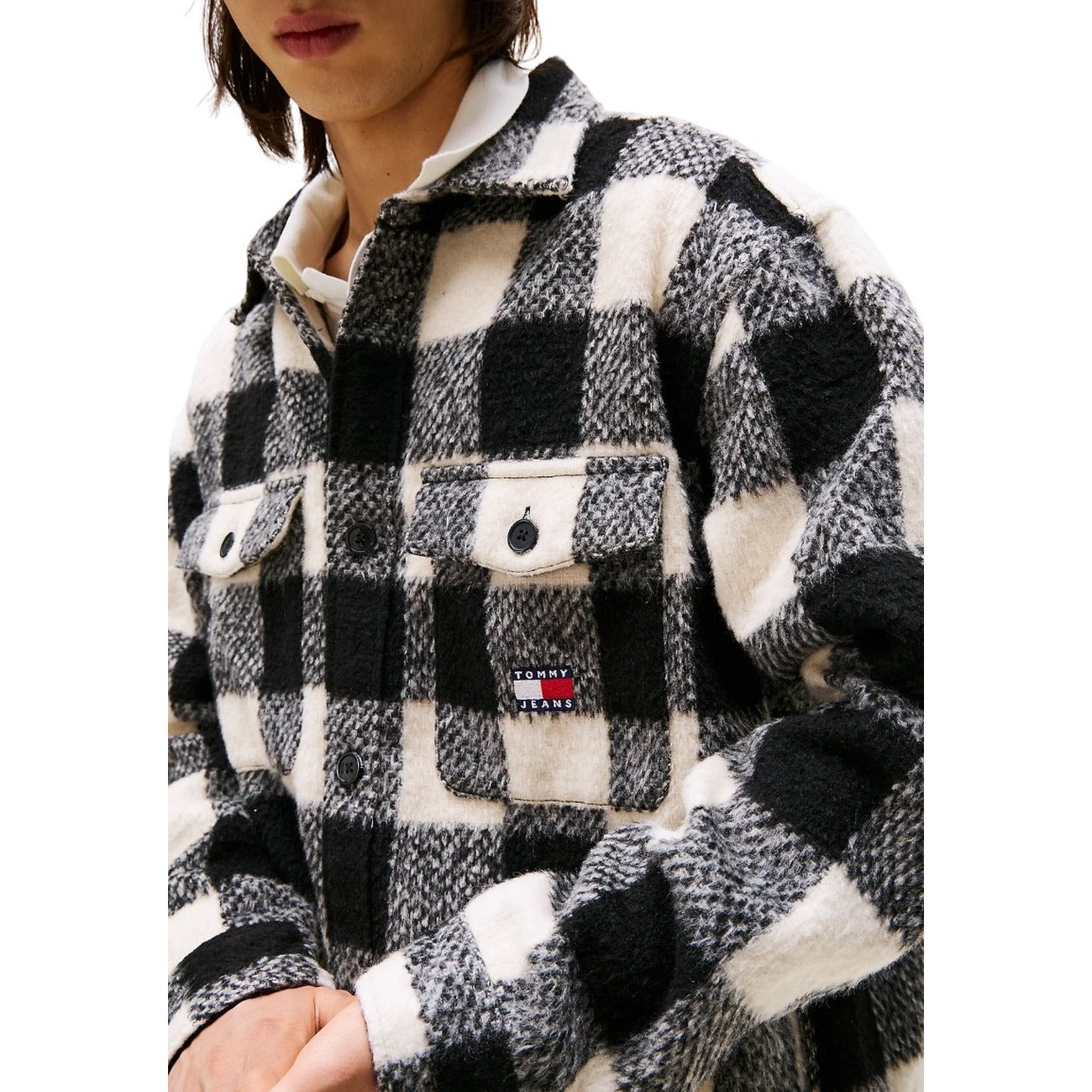 Tommy Hilfiger Jeans Giacca Uomo Nera a Quadri con Bottoni - Giacca Poliestere Maniche Lunghe Colletto Classico