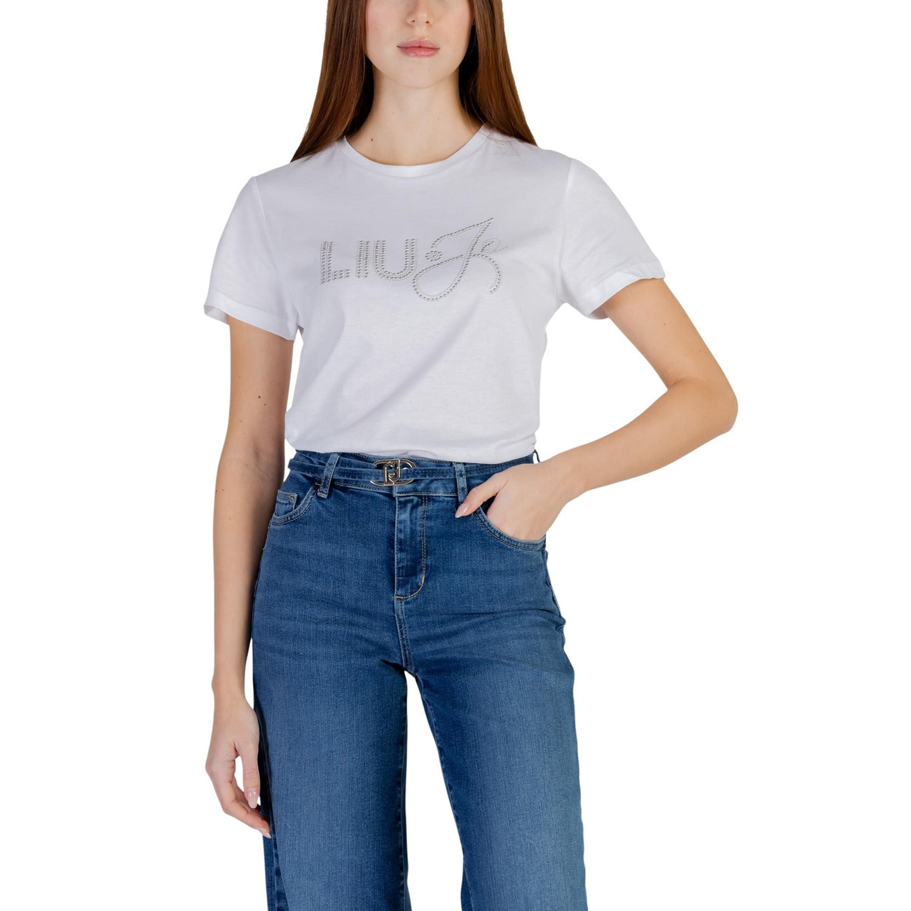 T-shirt Liu Jo donna bianca con scritta in Swarovski - vista frontale dettaglio stampa
