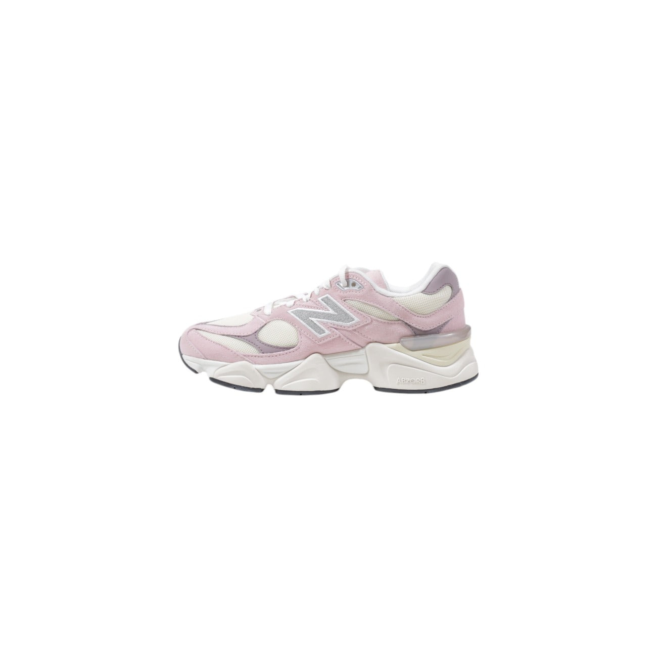 New Balance 9060; sneaker donna in mesh e suede, intersuola ABZORB ammortizzata, suola a rombi. Il mix perfetto tra stile retro-tech e comfort moderno. Colore rosa Vista laterale 