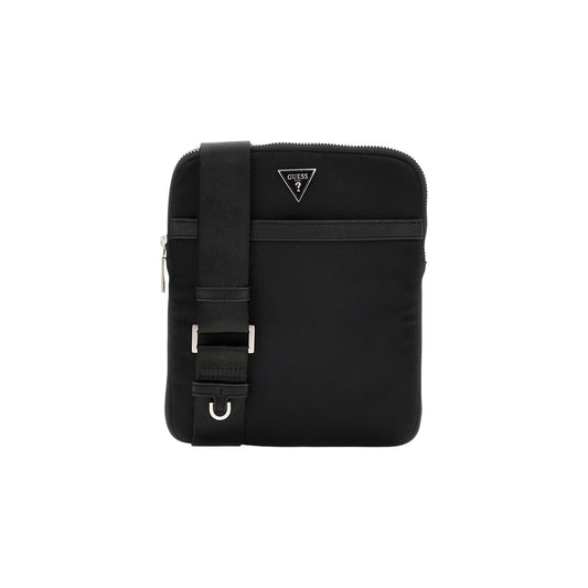 Marsupio Medio Nero Uomo Guess Milano Bumbag; Tessuto eco-nylon 100% poliestere riciclato con zip metalliche e dettagli argento. Tasca frontale piatta e cinturino regolabile, stile casual sportivo. Vista frontale 