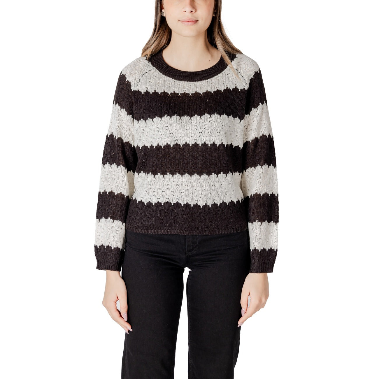 Jacqueline De Yong Maglia Donna Nera a Righe Maniche Lunghe Scollo Tondo - Maglia Acrilico