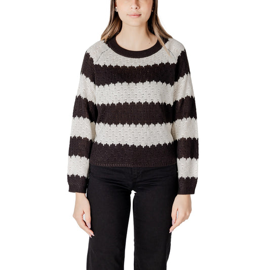 Jacqueline De Yong Maglia Donna Nera a Righe Maniche Lunghe Scollo Tondo - Maglia Acrilico