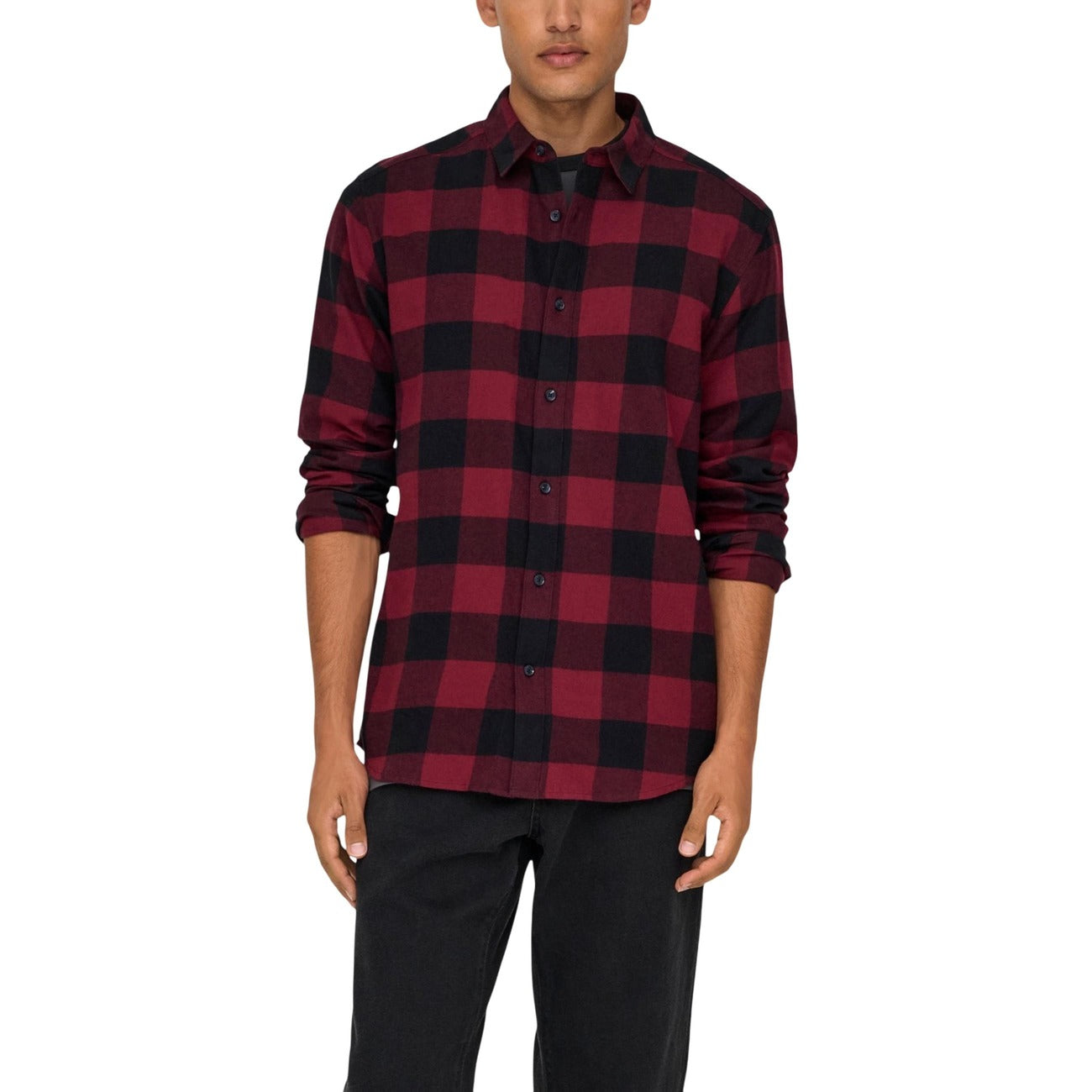 Only & Sons Camicia Uomo Rosso Quadri Bottoni Manica Lunga Scollo Tondo Colletto Classico Cotone 100% Autunno Inverno 22007112