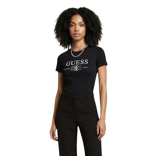 T-shirt Guess donna nera manica corta con logo scollo rotondo 95% cotone 5% elastan - vista frontale indossata da modello figura intera
