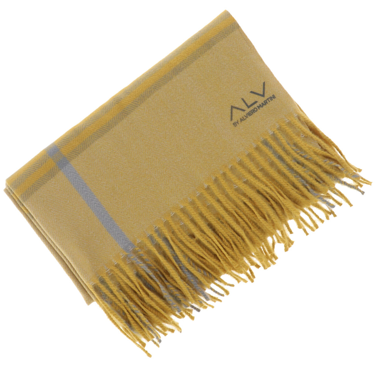 sciarpa Alviero Martini Prima Classe con frange, di colore giallo senape e con dettagli a righe grigie vista frontale 