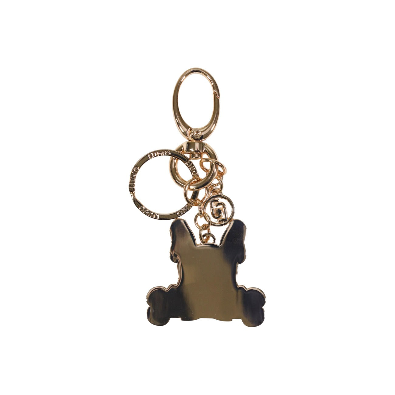 Portachiavi Liu Jo Cagnolino; 100% Metallo Dorato. Doppio aggancio (anello e moschettone), design figurativo con dettagli curati. Accessorio 4 stagioni, ideale come idea regalo o charm borsa. Vista posteriore 