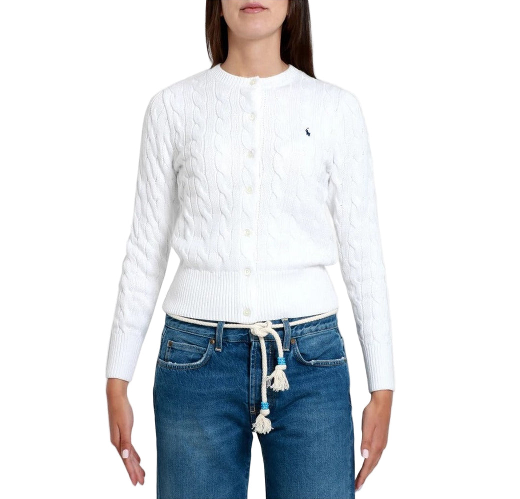 Polo Ralph Lauren Cardigan Donna Bianco con Bottoni Maniche Lunghe Scollo Tondo - Cardigan Cotone