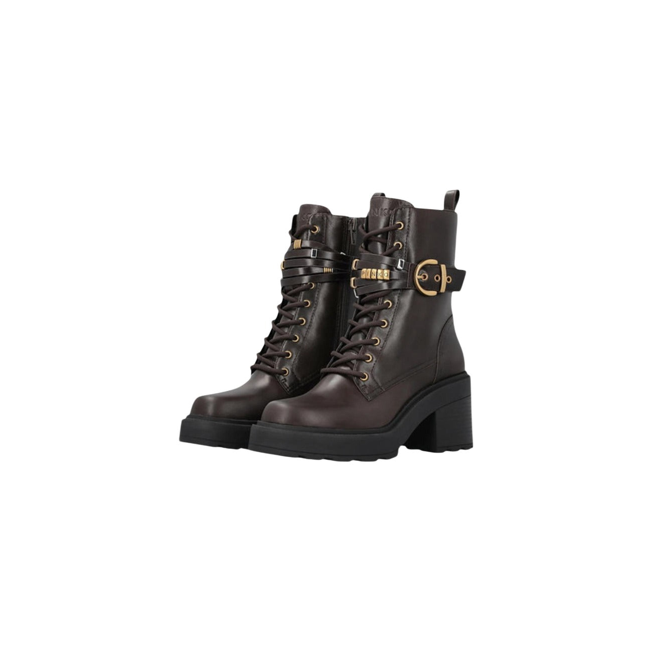 Stivaletti Pinko ALTEA 01 marroni donna SD0549P001. Anfibi in pelle marrone con suola platform da 6 cm, allacciatura frontale, cinturino con fibbia dorata e logo Pinko, stivali casual mezza stagione autunno inverno.