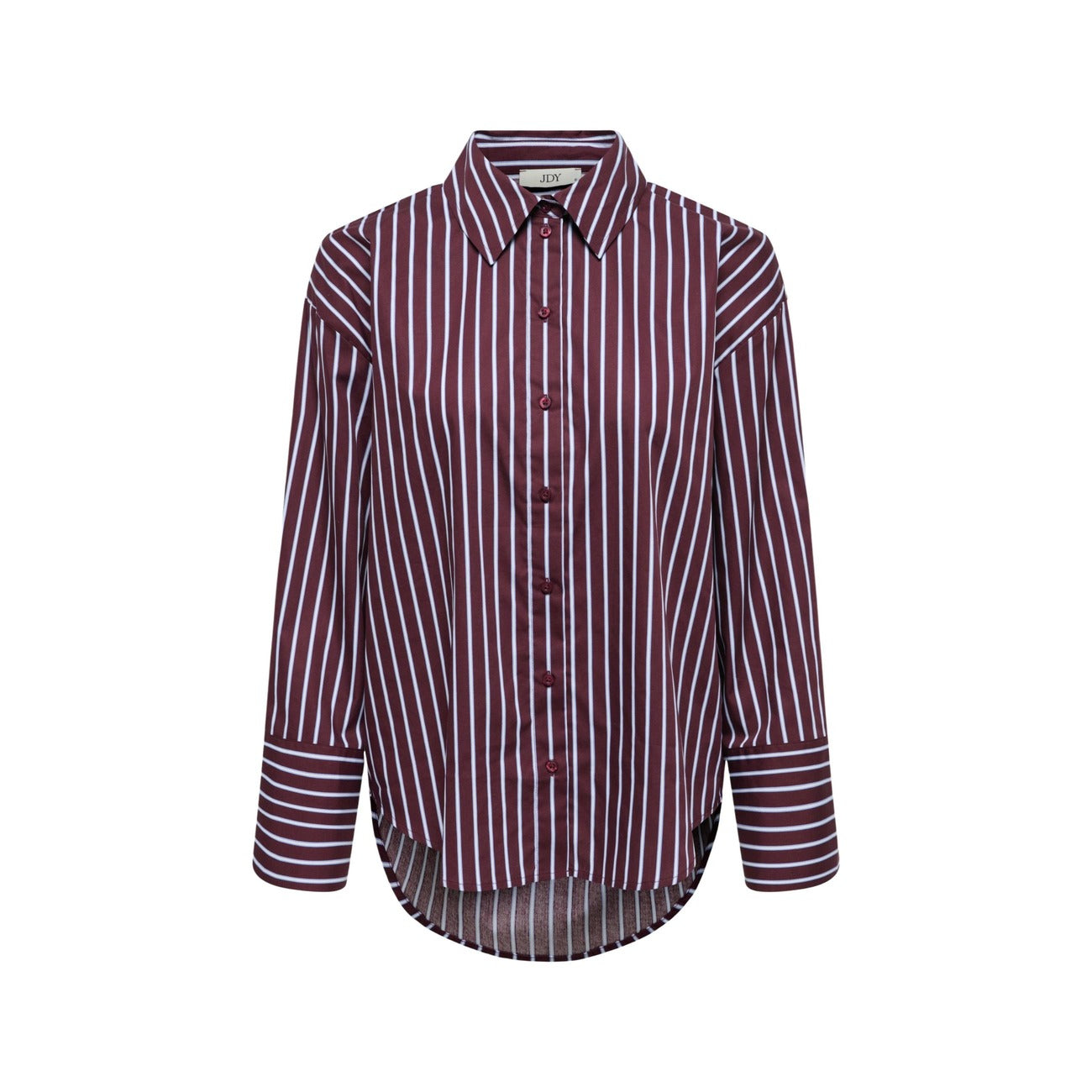 Camicia JDY a righe verticali in puro cotone, vestibilità dritta, maniche lunghe con polsini alti e chiusura a bottoni; capo versatile per ogni stagione. Vista frontale stesa 