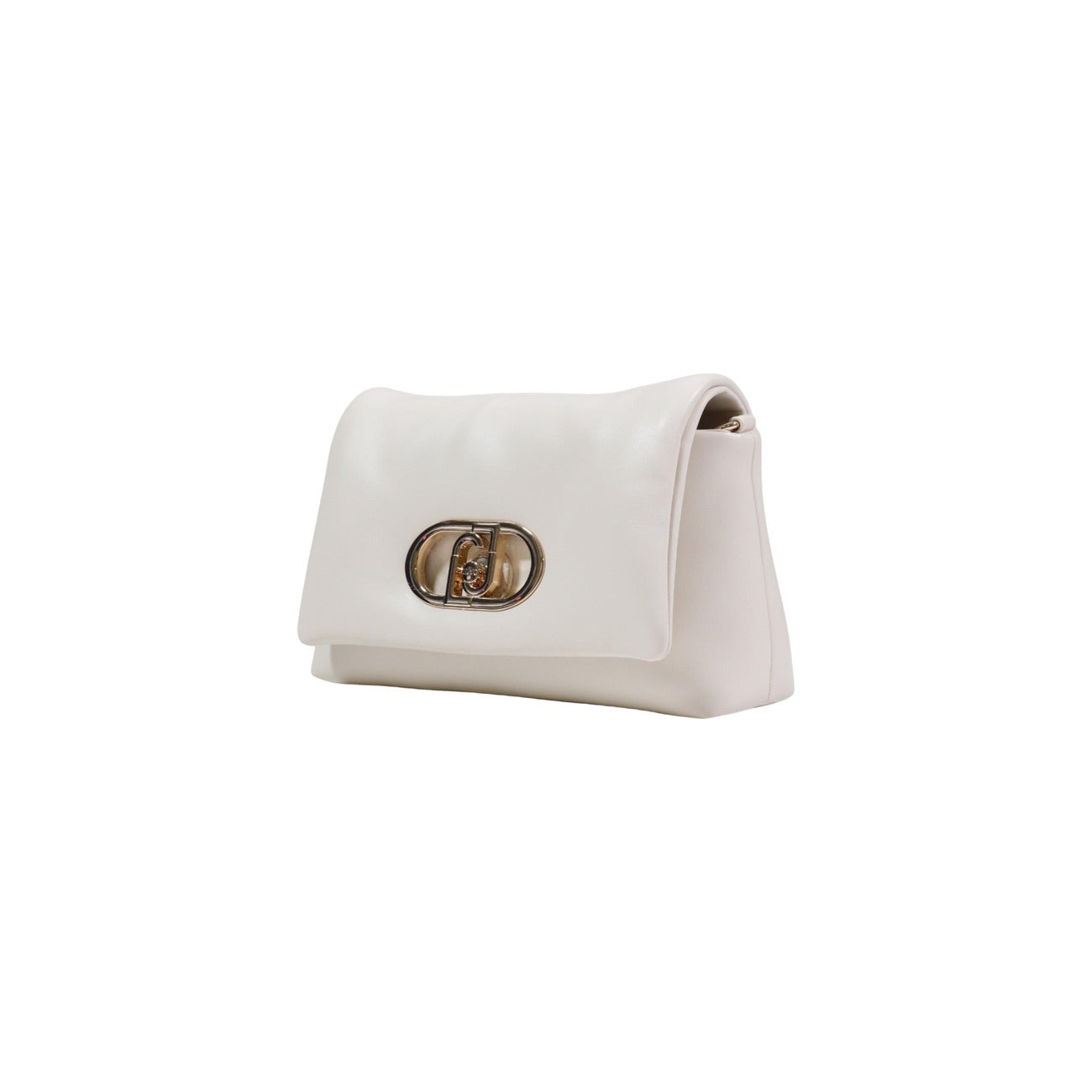 Borsa Liu Jo LaPuffy Bianca; 100% Poliuretano ecosostenibile. Effetto nappa morbido, manico con catena intrecciata, tracolla removibile. Chiusura magnetica, stile Primavera/Estate. Vista frontale laterale 