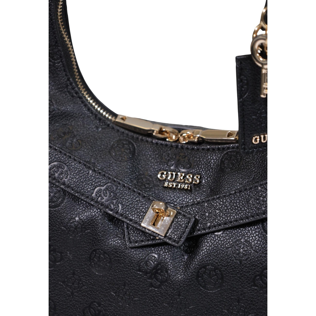 Borsa Tote Grande Donna Nera Guess Jodi; Struttura 100% poliuretano con motivo logo impresso all-over e chiusura a zip. Doppi manici con catena dorata, tasche esterne con cerniera e ciondolo con charm, stile elegante 4 stagioni. Dettaglio 