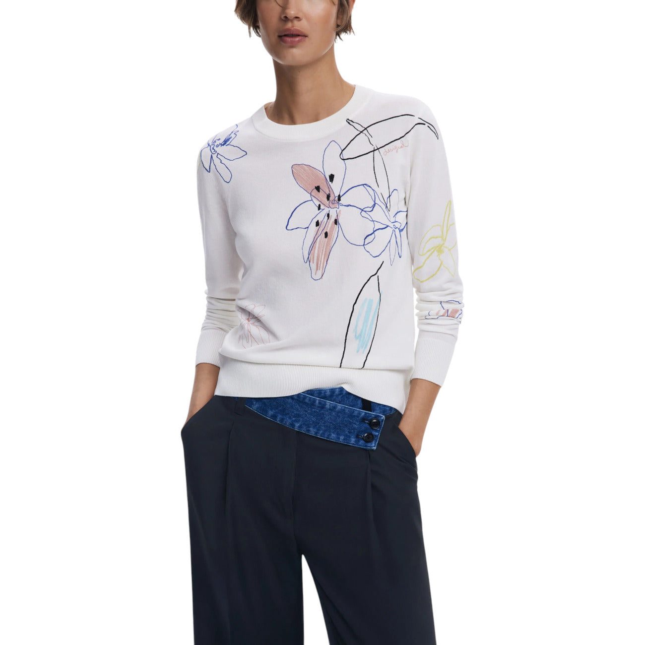 Desigual Maglia Donna Bianca Floreale Maniche Lunghe Scollo Tondo - Maglia Viscosa Poliammide