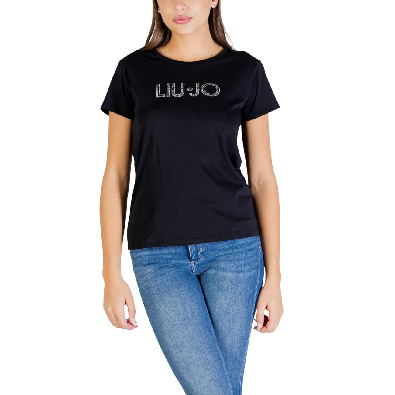 Liu Jo T-shirt Logo Jewel; 100% cotone, applicazioni luminose, vestibilità regolare. L'essenziale prezioso per il guardaroba femminile. Colore nero con strass logo. Vista frontale 