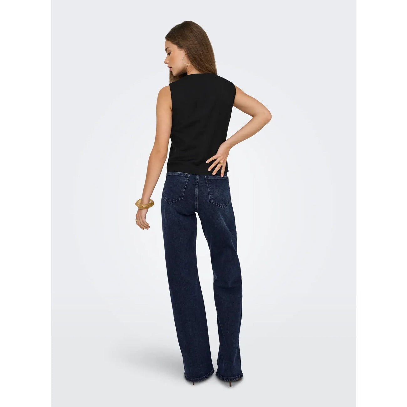 Jeans Only donna blu scuro Wide Fit 15338894. Jeans a vita alta e gamba larga in cotone biologico stretch blu scuro lavato, 5 tasche con zip e bottone, pantaloni jeans estivi morbidi e traspiranti Primavera/Estate.