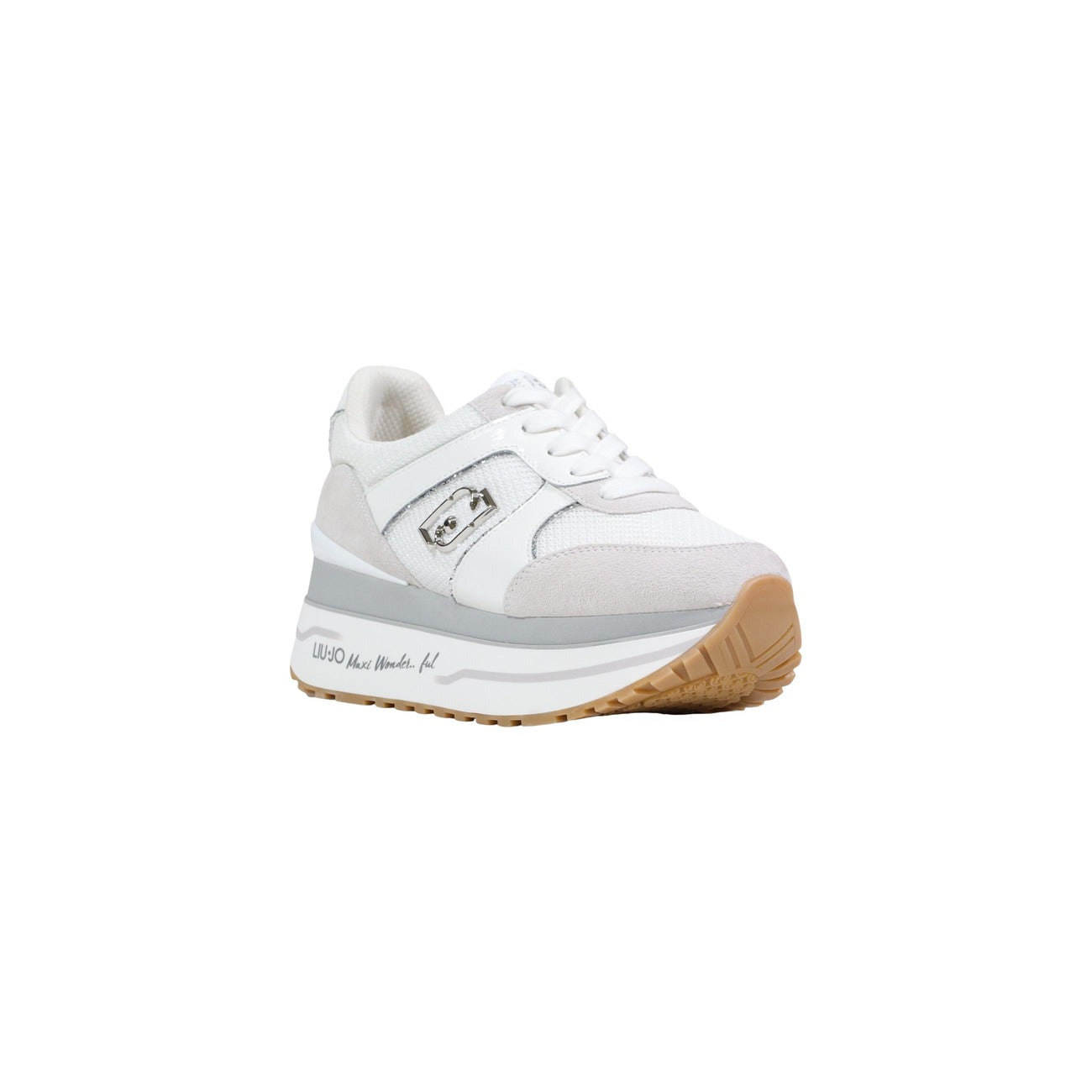 Sneakers Liu Jo Maxi Wonder Plus; Bianco, Mix Ecopelle e Suede. Suola platform 5 cm con logo, soletta morbida, struttura leggera. Versatile e contemporanea, 4 stagioni. Vista frontale 