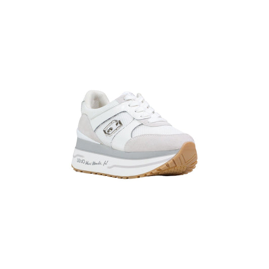 Sneakers Liu Jo Maxi Wonder Plus; Bianco, Mix Ecopelle e Suede. Suola platform 5 cm con logo, soletta morbida, struttura leggera. Versatile e contemporanea, 4 stagioni. Vista frontale 