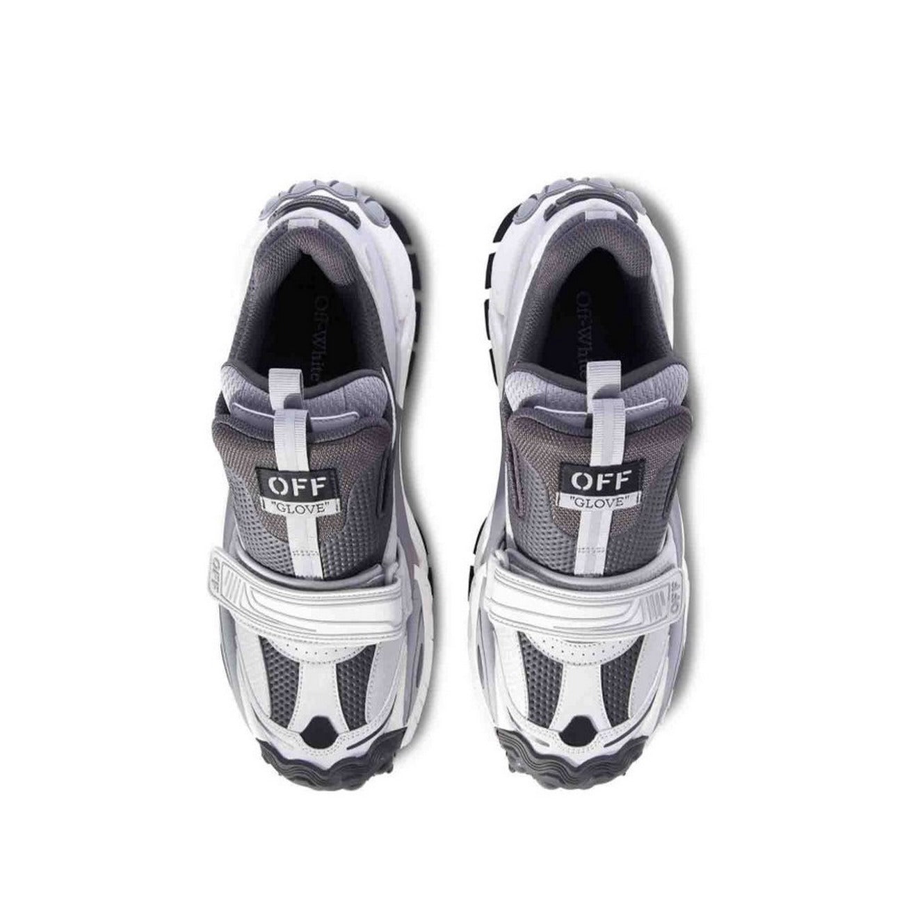Sneakers Off-White; Grigio/Bianco/Nero, 100% Pelle. Chiusura in velcro, inserti in mesh, suola chunky pronunciata. Design futuristico per la stagione Autunno/Inverno. Vista dall’alto 