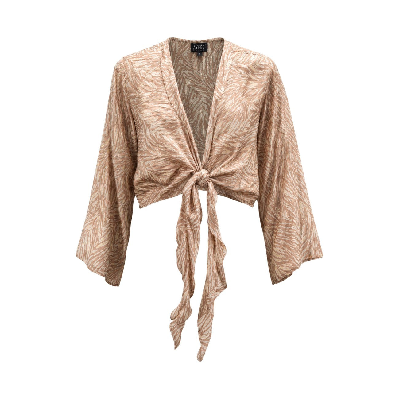 Top Kimono Beige Ayfee; Misto Seta. Taglio cropped, scollatura a V, chiusura con nodo. Fantasia grafica, leggero e morbido. L'eleganza estiva in un design contemporaneo. Frontale stesa 
